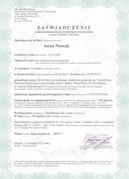 Ceny kursów wychowawcy