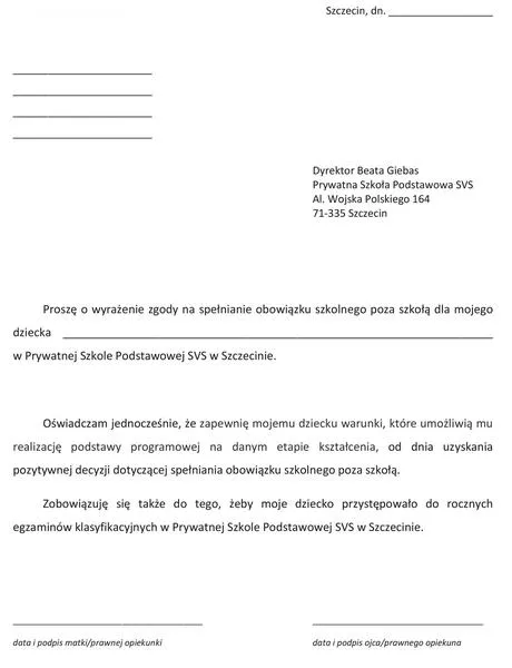 Podanie o nauczanie indywidualne